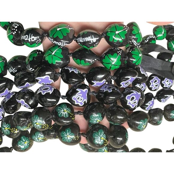 Kukui Nut Lei Necklace Hand Painted Hawaii Flowers Turtle Ribbon Ties Lot Of 3 - Picture 7 of 7